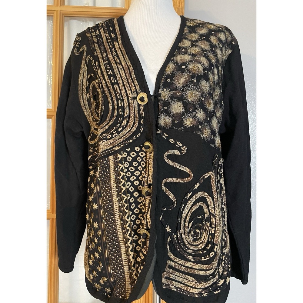 90s Halsey Collection Swirl Appliqué Jacket XL Beige Black Beads Brass Button